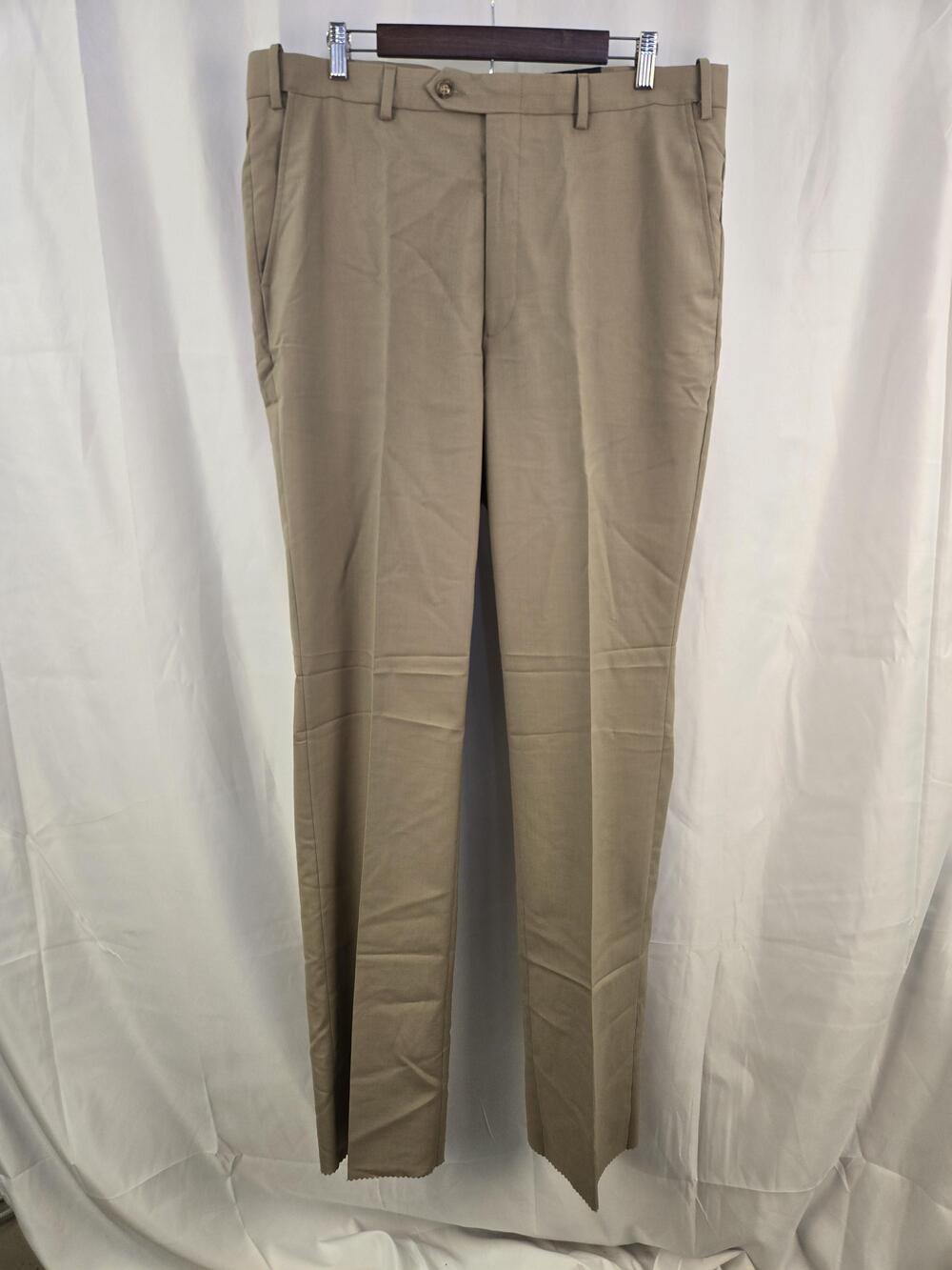 Berle Dress Pants Mens 37x36 Beige Flat Front Wool Blend Unhemmed Slacks